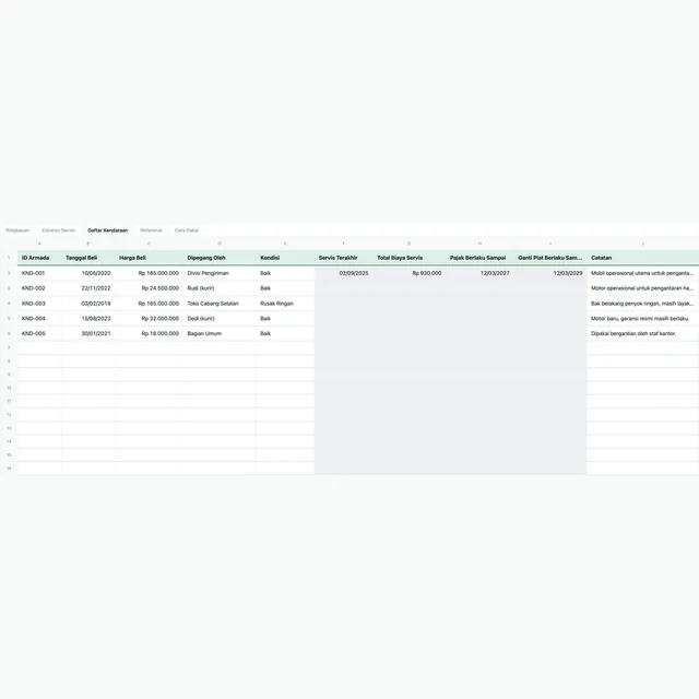 Sheet Daftar Kendaraan dari Catatan Servis Kendaraan