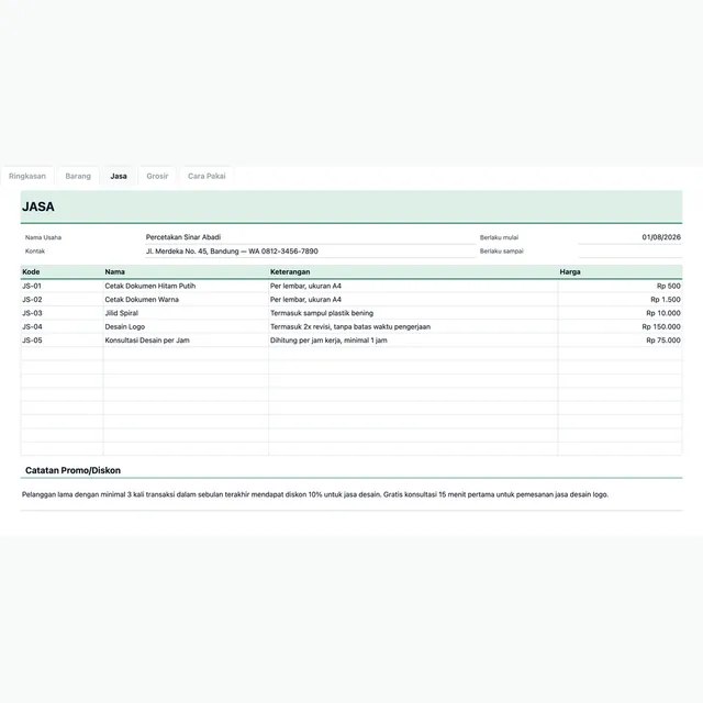 Sheet Jasa dari Daftar Harga