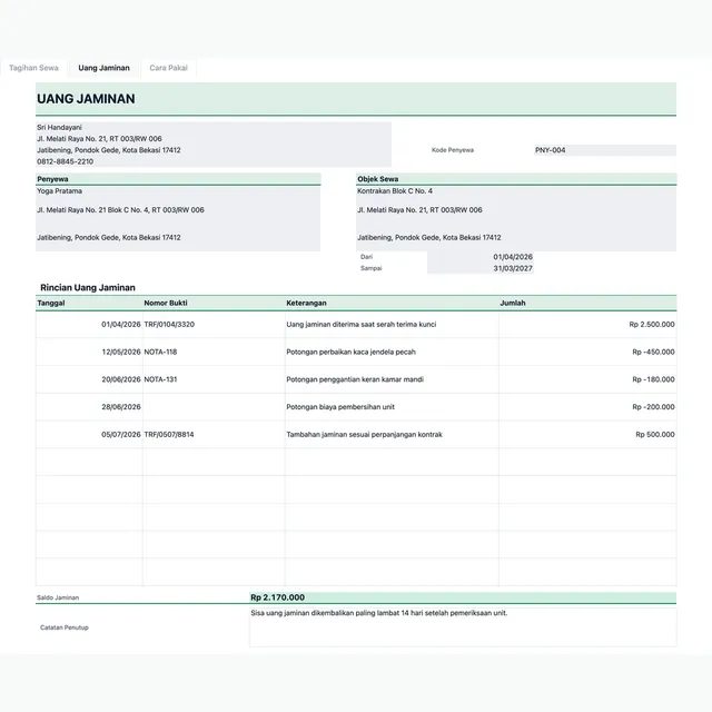 Sheet Uang Jaminan dari Tagihan Sewa